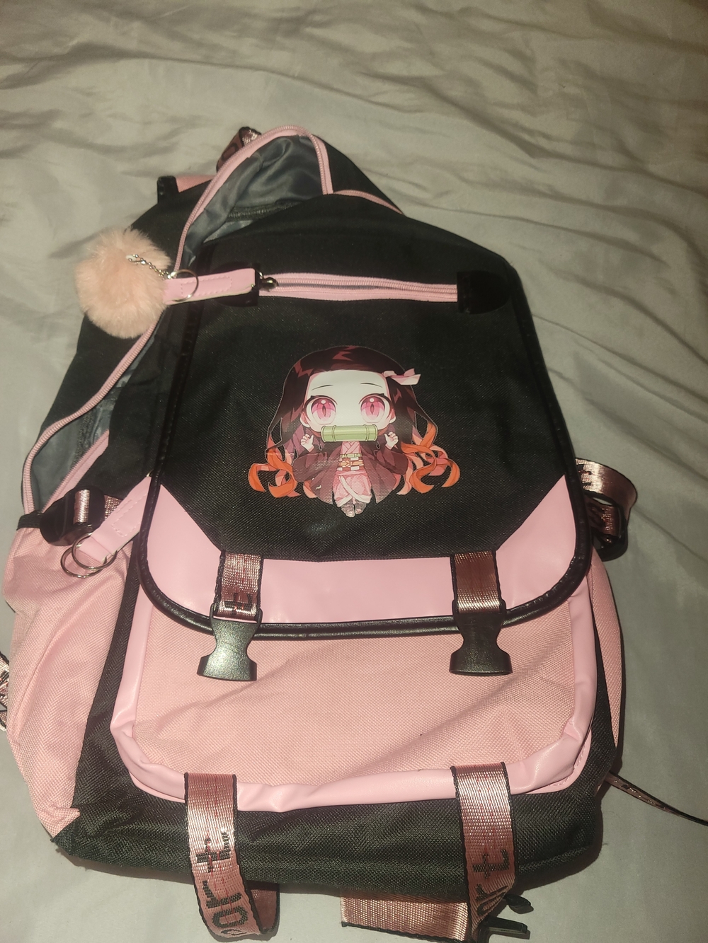 Pink & Black Anime Backpack with Pom Pom Charm